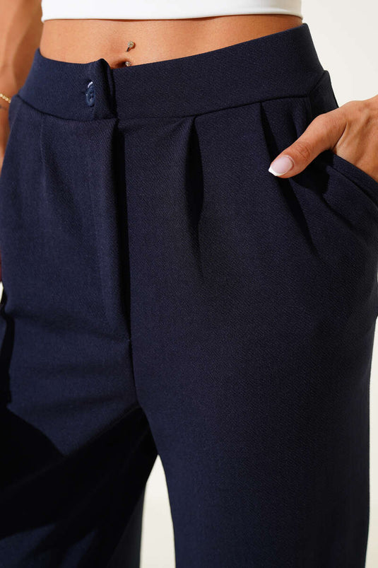 Crepe Fabric Wide Trousers Navy Blue