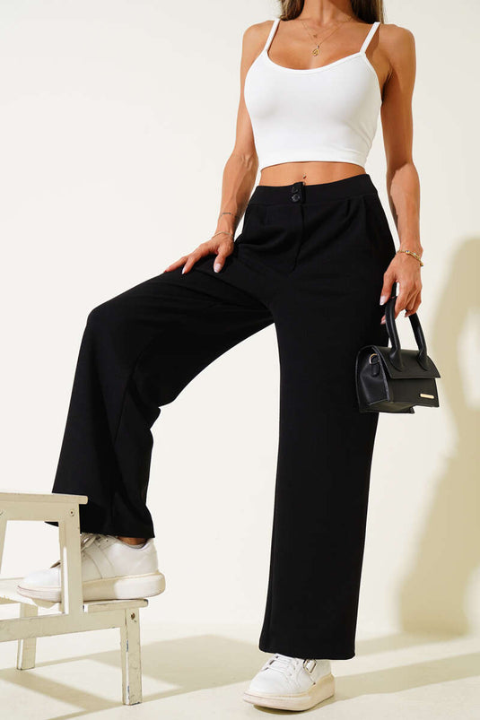 Crepe Fabric Wide Trousers Black