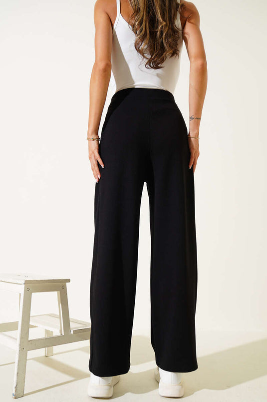 Crepe Fabric Wide Trousers Black