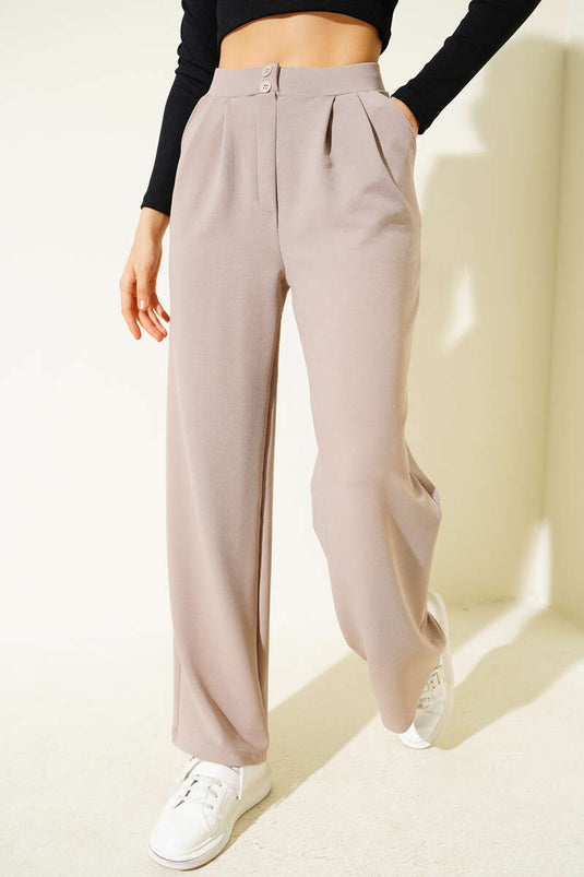 Krep Kumaş Geniş Pantolon Vizon