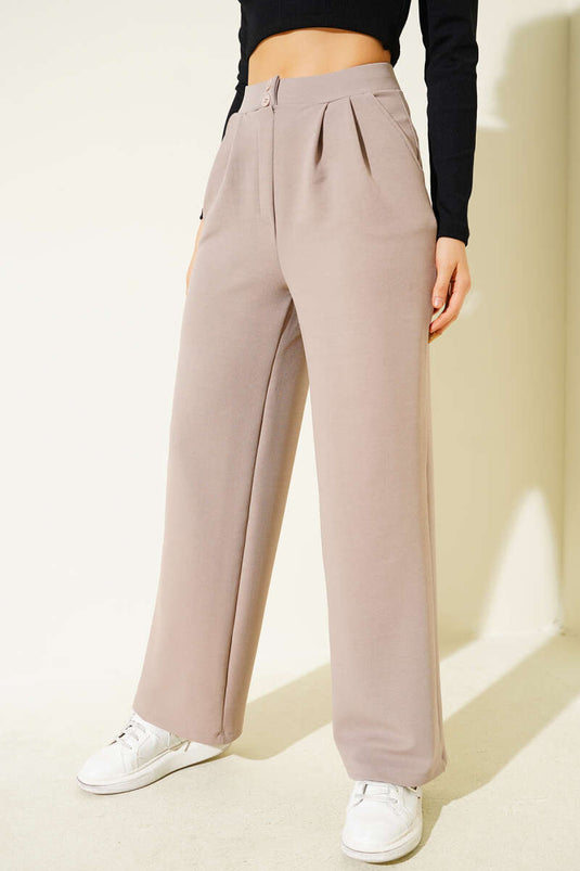 Krep Kumaş Geniş Pantolon Vizon