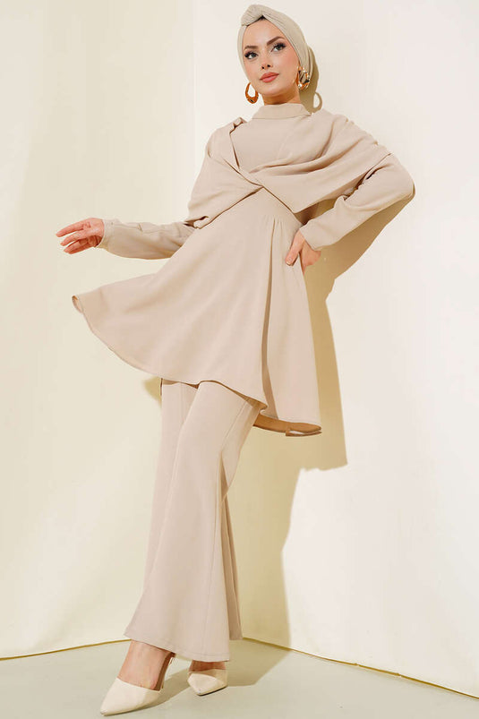 كريب تونيك طقم مزدوج بيج