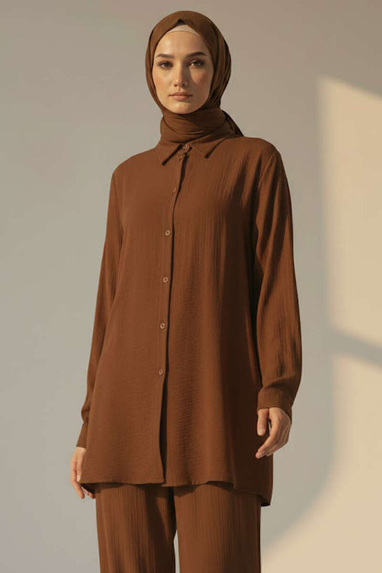 Krinkıl Görünümlü Düğmeli Takım Taba