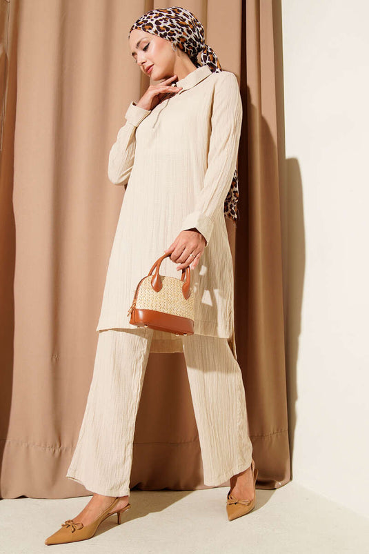 Costume deux pièces froissé à demi-fermeture éclair beige