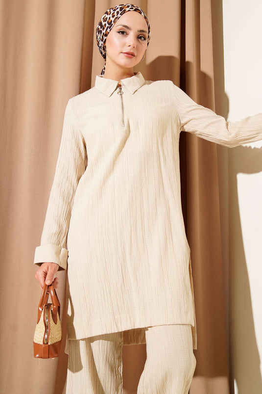 Costume deux pièces froissé à demi-fermeture éclair beige