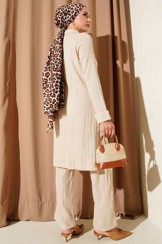 Costume deux pièces froissé à demi-fermeture éclair beige