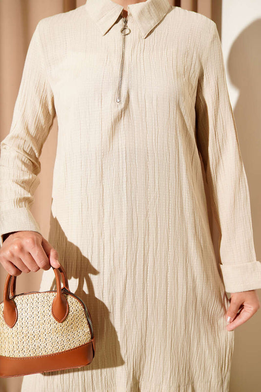 Costume deux pièces froissé à demi-fermeture éclair beige