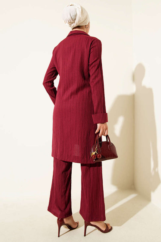 Crinkle Half Zippered Two Piece Suit Burgundy