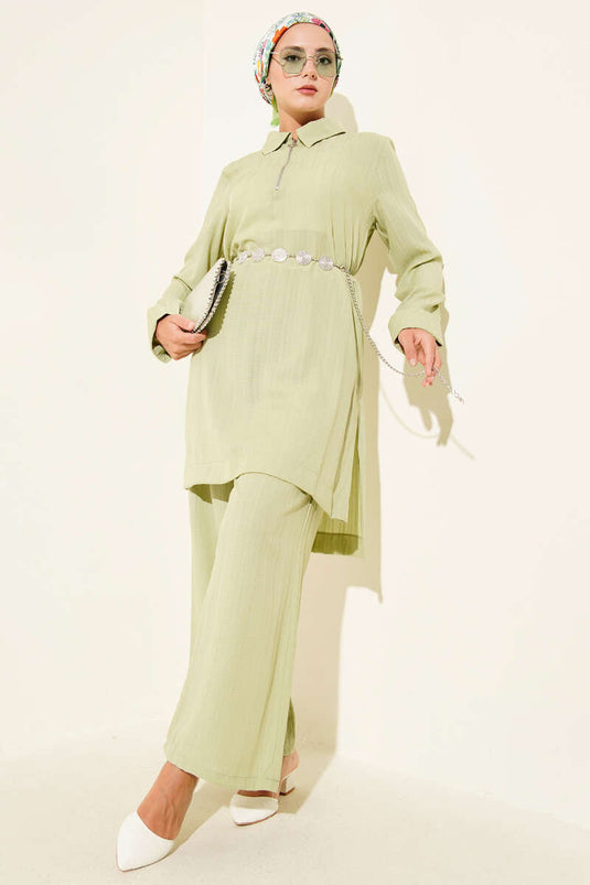 Crinkle Half Zipper Two Piece Set Pistachio Green