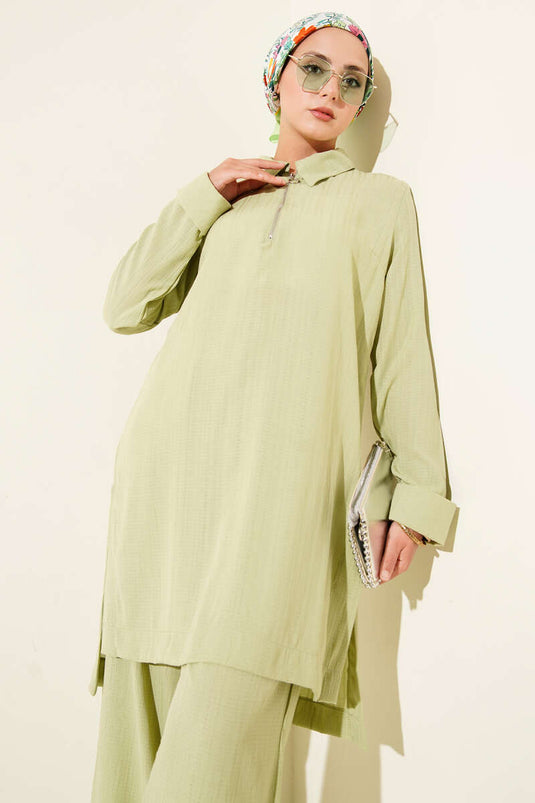 Crinkle Half Zipper Two Piece Set Pistachio Green