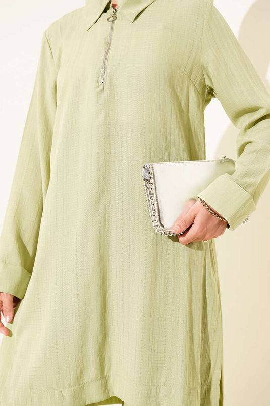 Crinkle Half Zipper Two Piece Set Pistachio Green