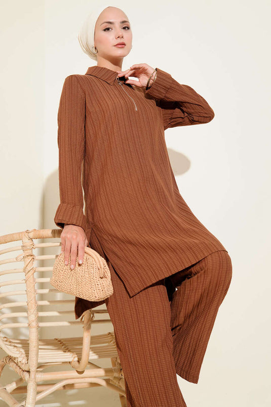 Crinkle Half Zippered Two Piece Suit Brown