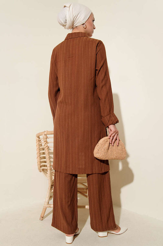 Crinkle Half Zippered Two Piece Suit Brown