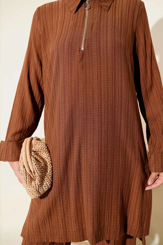 Crinkle Half Zippered Two Piece Suit Brown