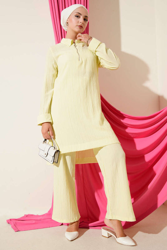 Crinkle Half Zipper Two Piece Suit Yellow