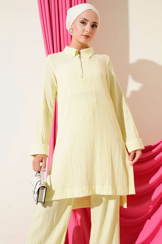 Crinkle Half Zipper Two Piece Suit Yellow