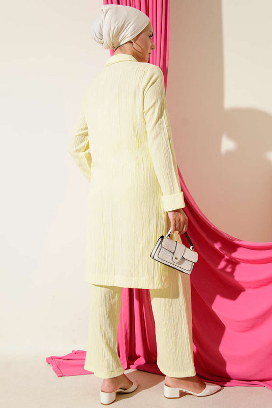 Crinkle Half Zipper Two Piece Suit Yellow