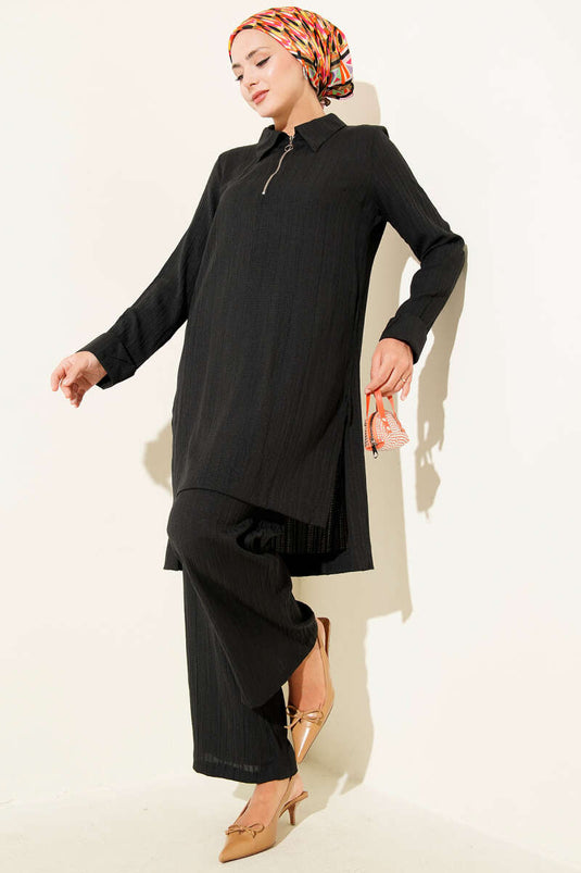 بدلة سوداء من قطعتين بسحاب نصف مجعد
