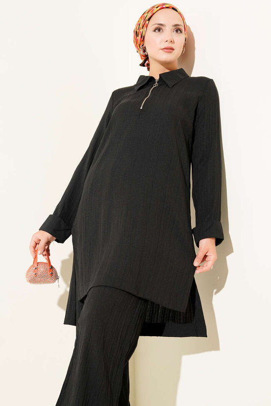 بدلة سوداء من قطعتين بسحاب نصف مجعد