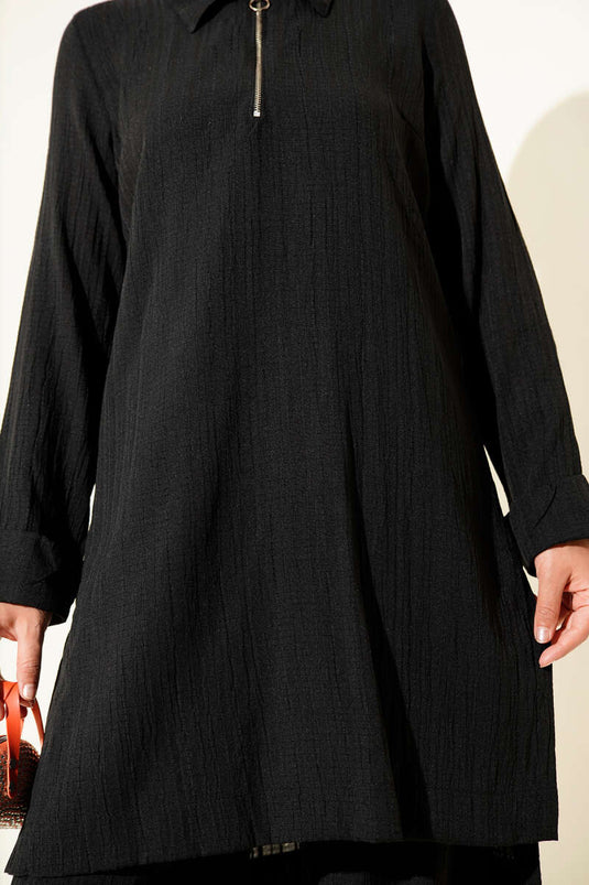 بدلة سوداء من قطعتين بسحاب نصف مجعد