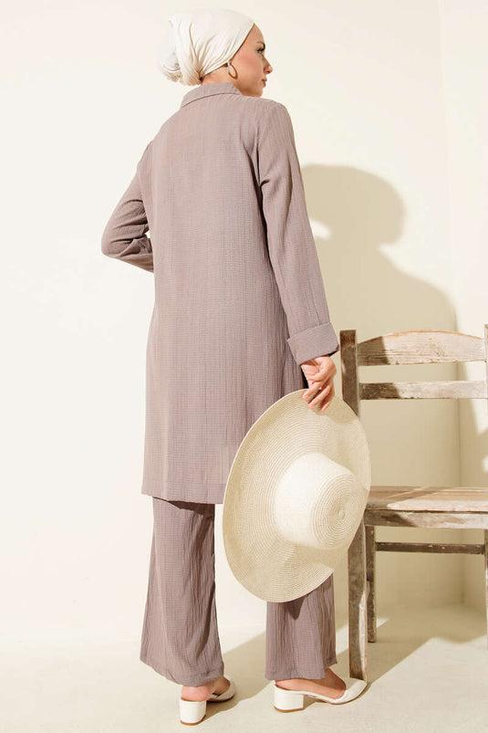 Costume deux pièces froissé à demi-fermeture éclair, couleur vison