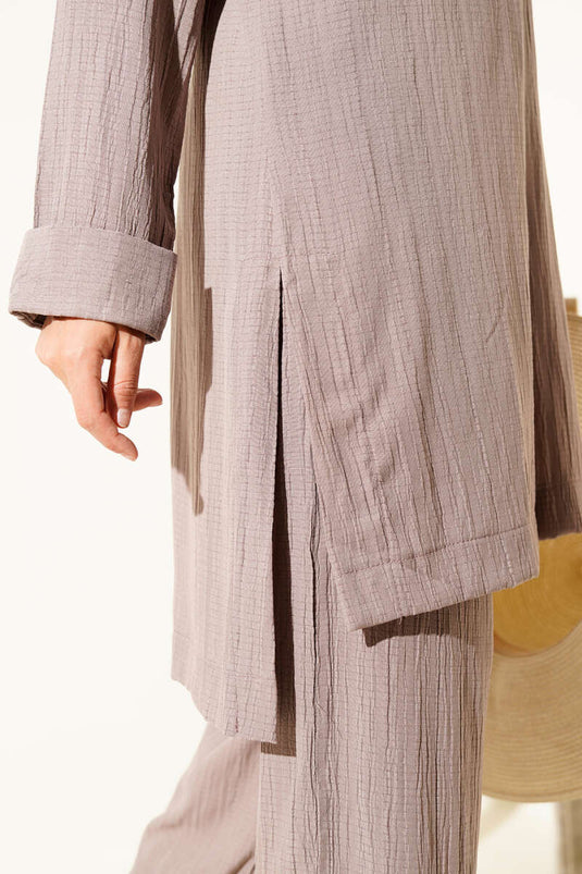 Costume deux pièces froissé à demi-fermeture éclair, couleur vison