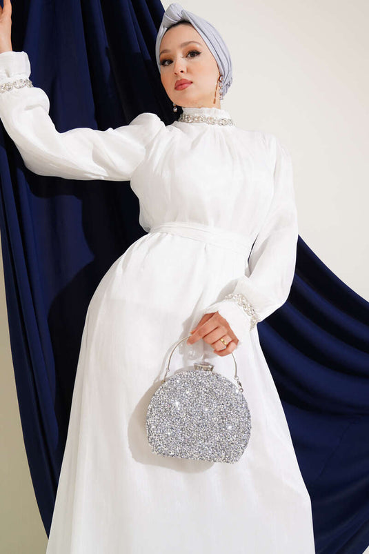 Crystal Embellished Chiffon Dress White