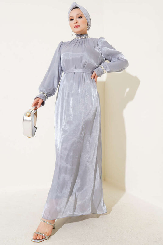 فستان شيفون مزين بحجر كريستال رمادي