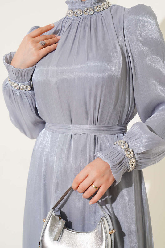 فستان شيفون مزين بحجر كريستال رمادي