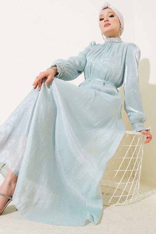 Kristal Taşlı Şifon Elbise Mint