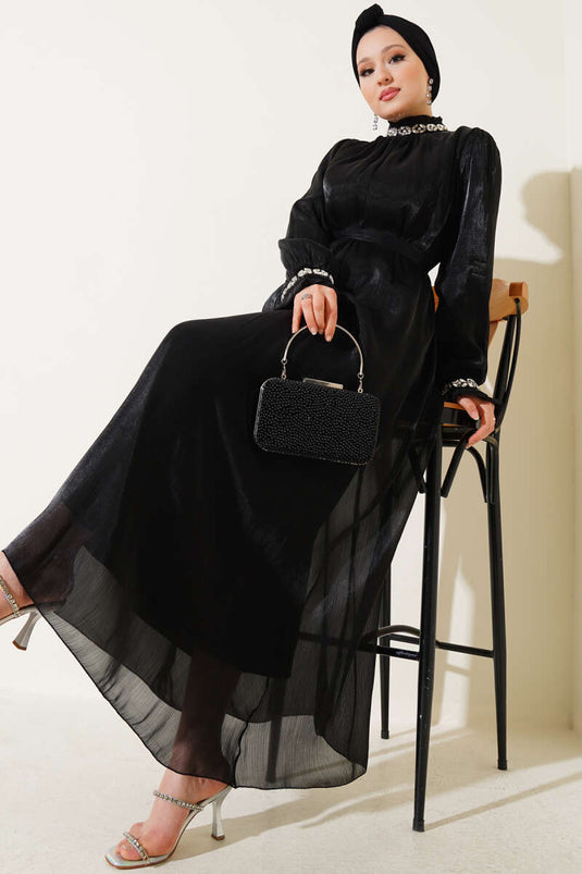 فستان شيفون مزين بحجر الكريستال أسود