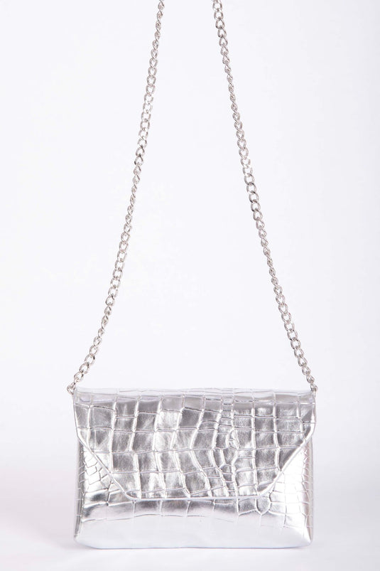 Crocodile Pattern Chain Strap Clutch Bag Silver