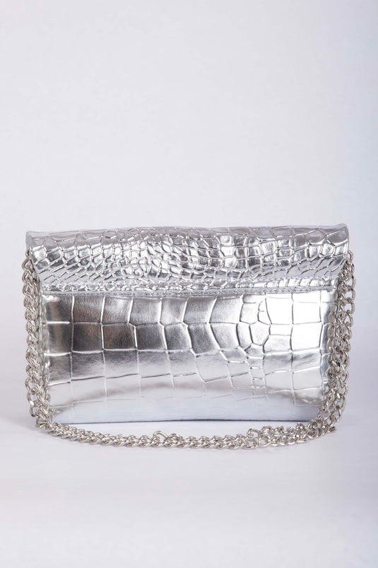 Crocodile Pattern Chain Strap Clutch Bag Silver