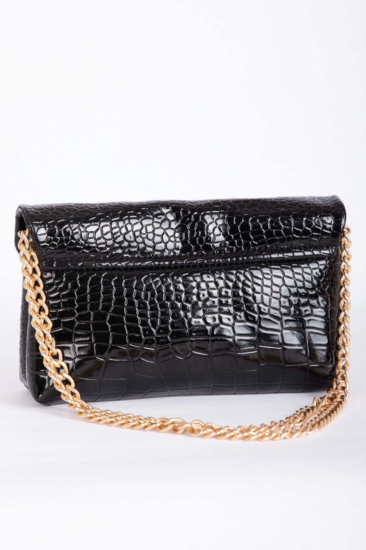 Crocodile Pattern Chain Strap Clutch Bag Black