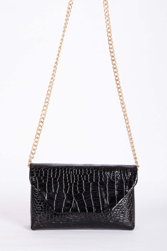 Crocodile Pattern Chain Strap Clutch Bag Black
