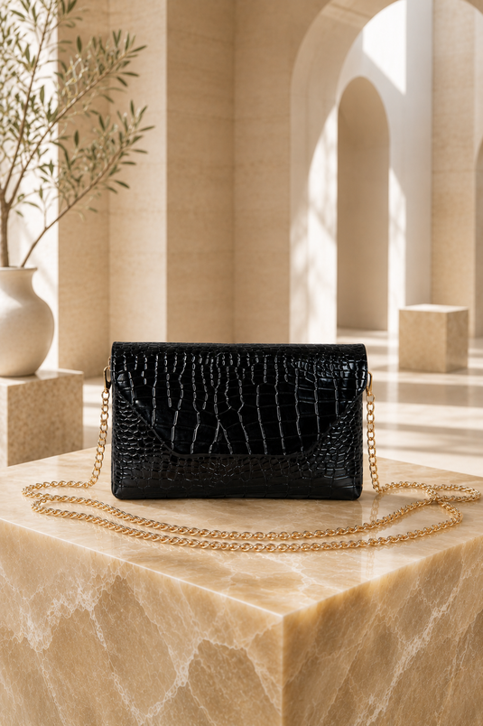 Krokodillenprint Schouderriem Clutch Tas Zwart