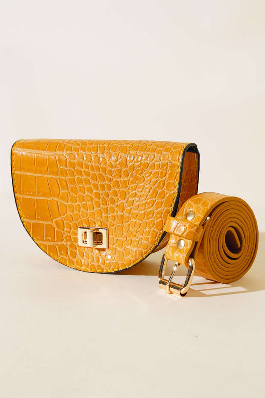 Ovale Bauchtasche aus Krokodilleder, Senf