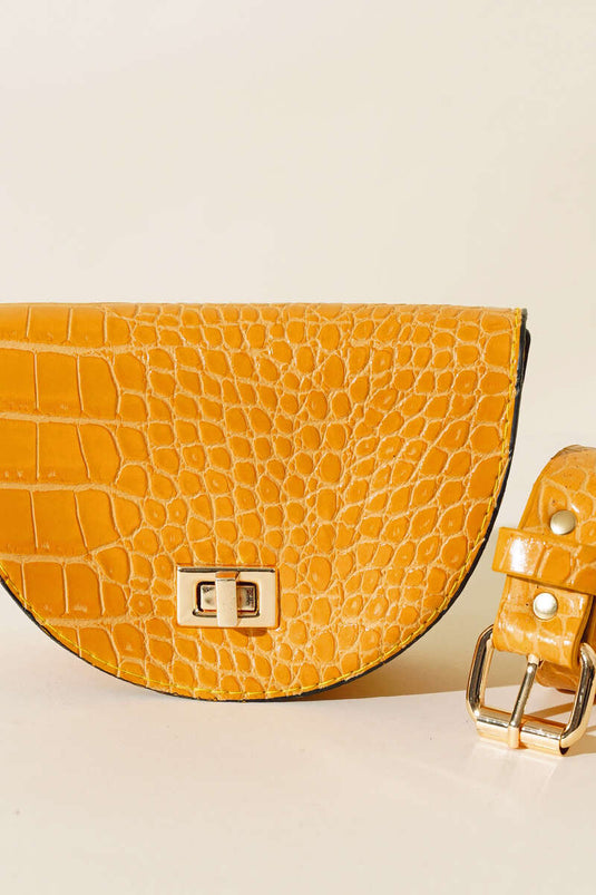 Ovale Bauchtasche aus Krokodilleder, Senf