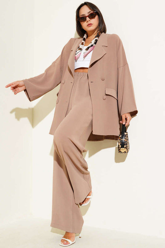 Double Breasted Basic Two Piece Suit Latte