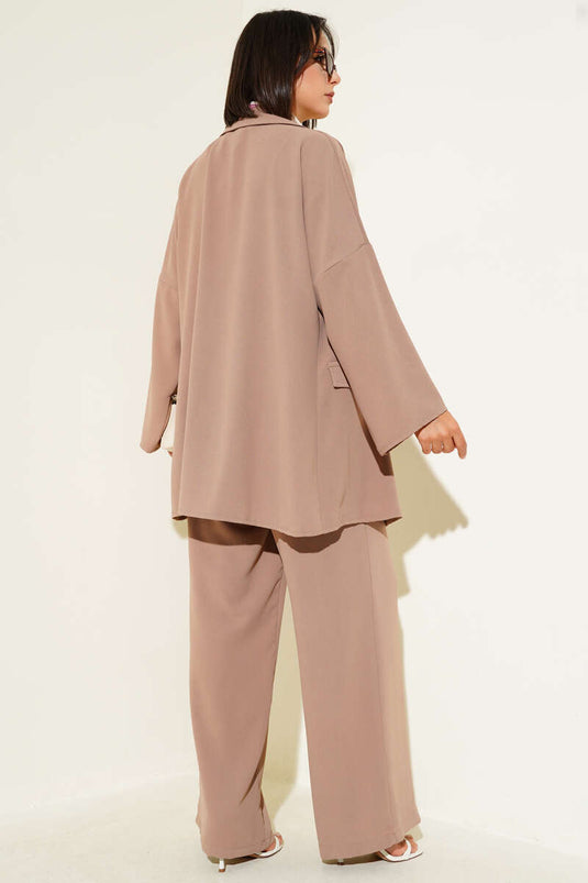 Double Breasted Basic Two Piece Suit Latte