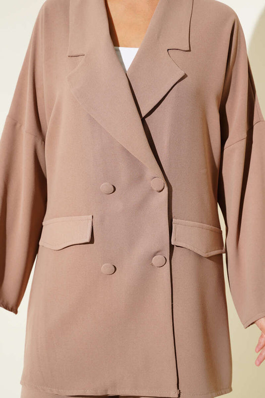 Double Breasted Basic Two Piece Suit Latte