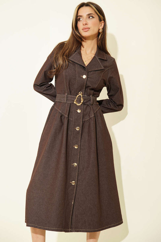 Kruvaze Boydan Düğmeli Kot Elbise Kahve