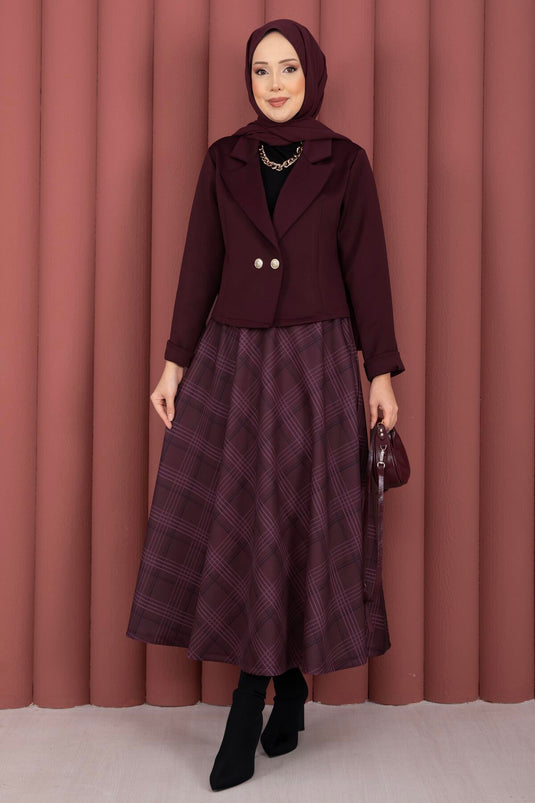 Wrap Jacket Plaid Skirt Modest Set Burgundy