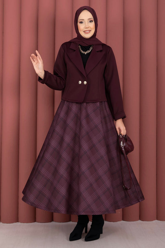 Wrap Jacket Plaid Skirt Modest Set Burgundy