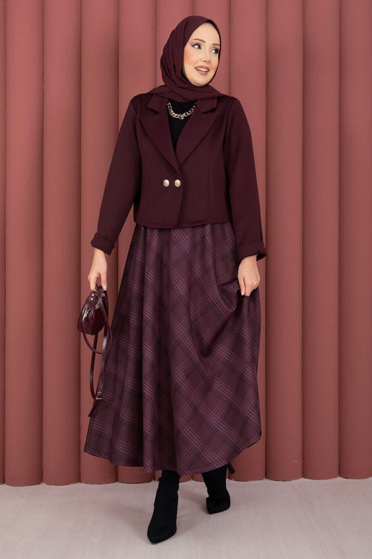 Wrap Jacket Plaid Skirt Modest Set Burgundy