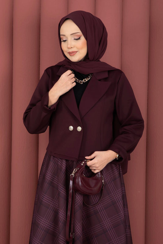 Wrap Jacket Plaid Skirt Modest Set Burgundy