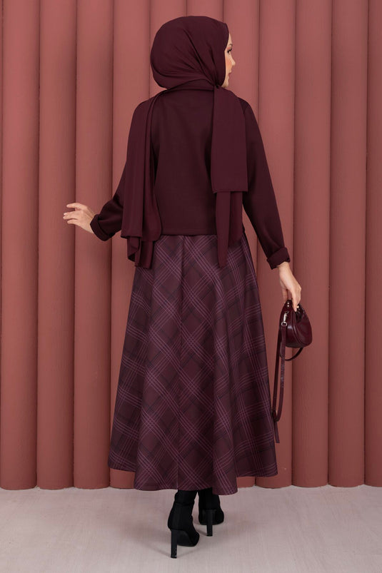 Wrap Jacket Plaid Skirt Modest Set Burgundy