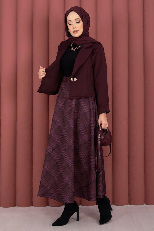 Wrap Jacket Plaid Skirt Modest Set Burgundy