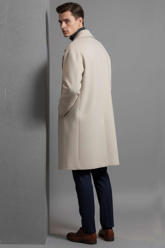 Men's Double-Breasted Long Cashmere Coat with Two Pockets, Beige