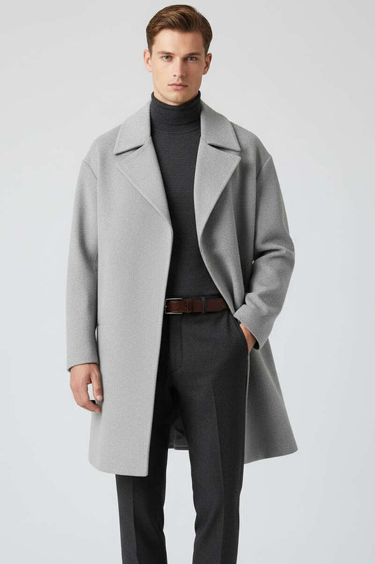 Men's Double-Breasted Long Cashmere Coat with Two Pockets, Grey